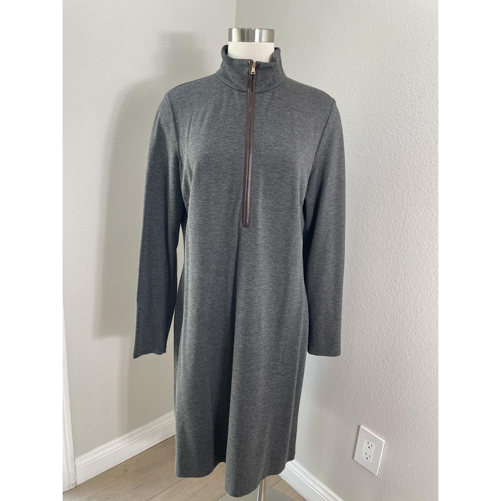 Lauren Ralph Lauren Sweater Dress Womens Large Gray Lamb Leather Trim